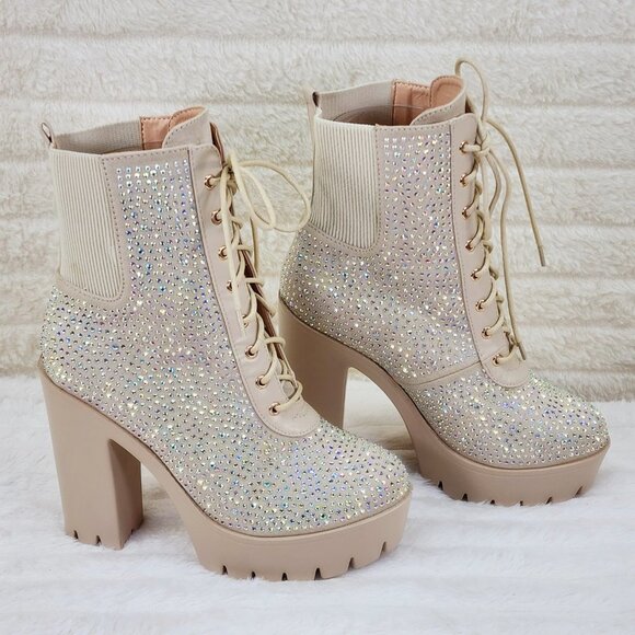Elegant Beige Rhinestone Ankle Boots - Picture 12 of 14